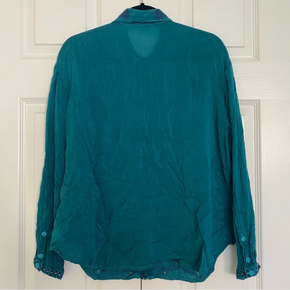 Johnny Was Mills Blouse Teal Button Floral Embroidered Long Sleeve Size Medium - Picture 5 of 6